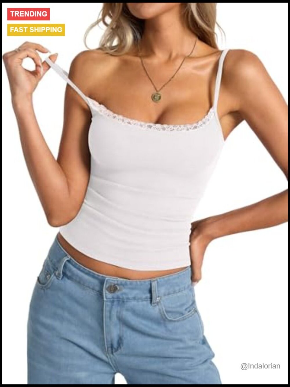 Lace Trim Camisole Top with Adjustable Spaghetti Straps, Square Neck - Picture 2 of 7